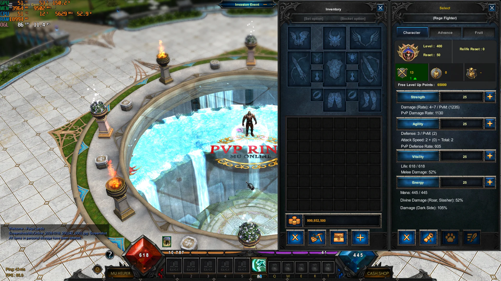 Actual Pegasus character and inventory interface